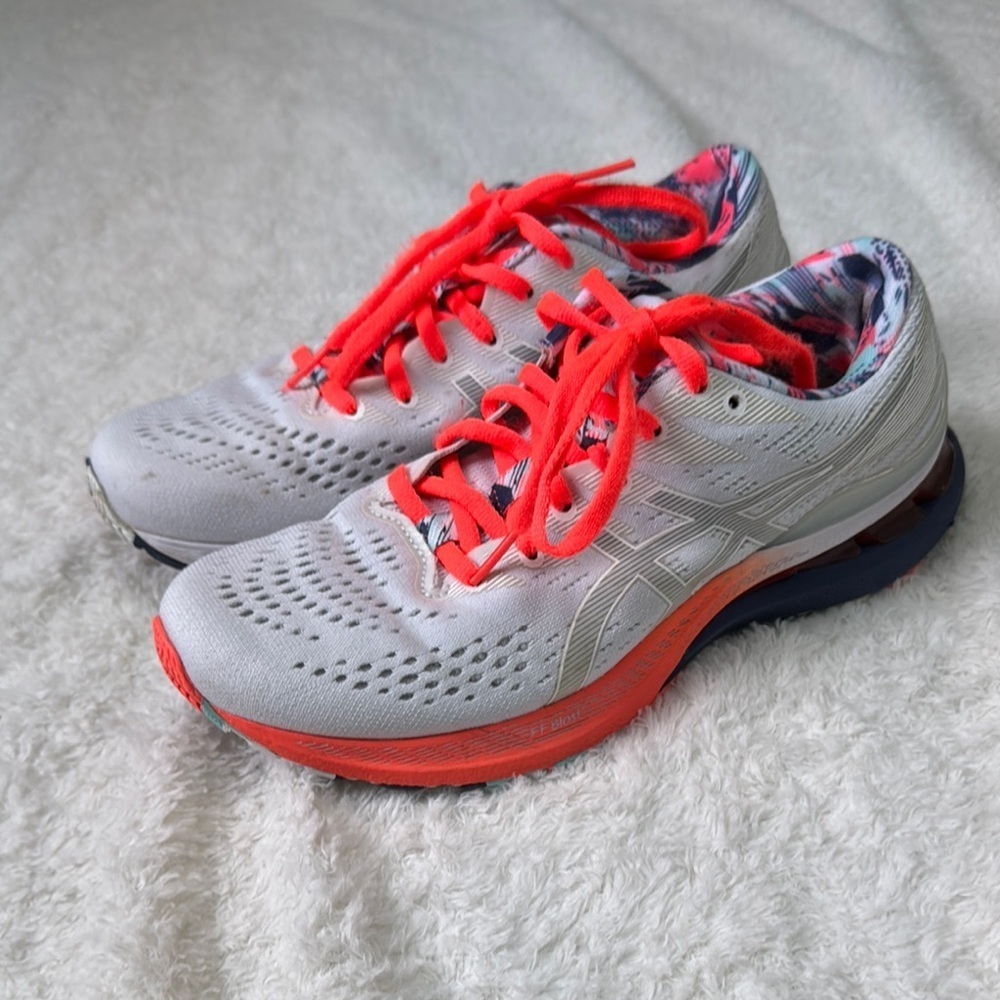 Asics Women's White and Neon Coral Athletic Running Shoes